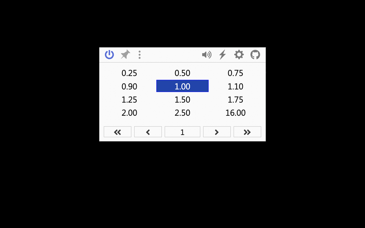 Global Speed popup showing speed buttons 0.25 to 16 and toolbar icons
